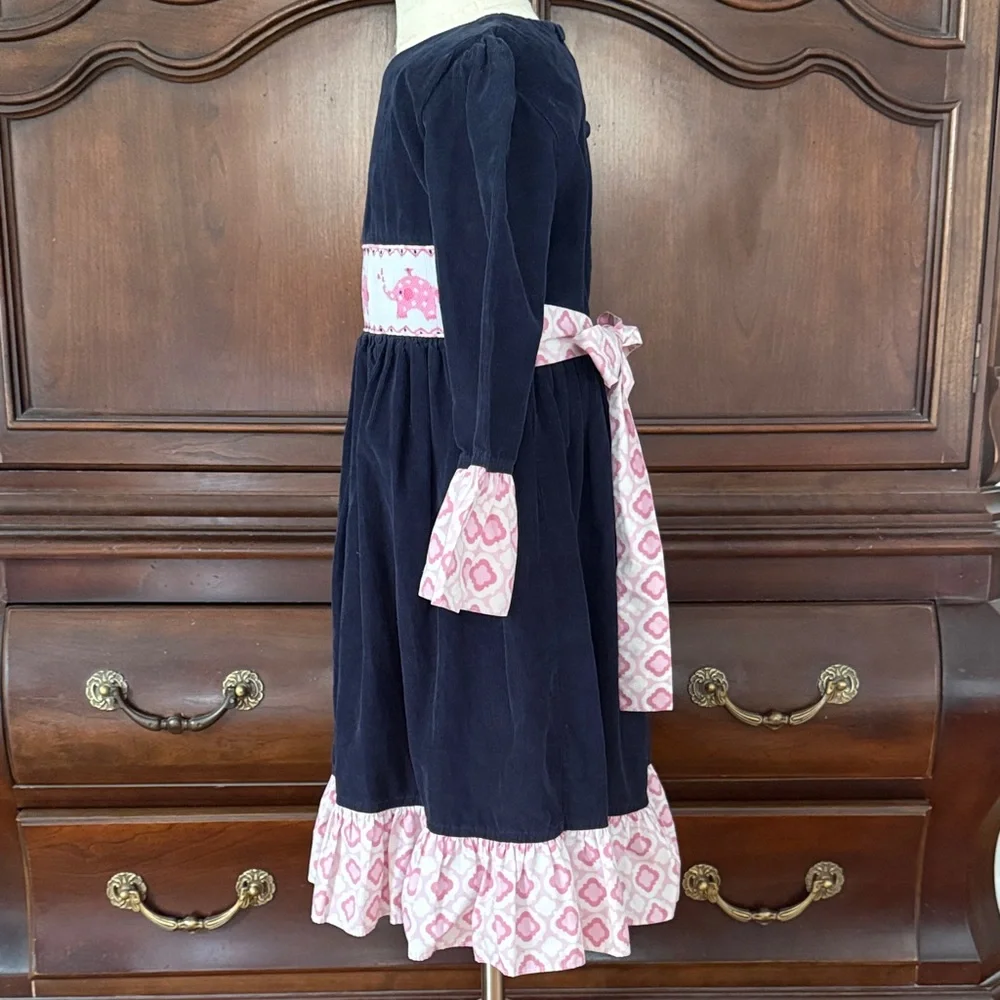 Shrimp & Grits Kids Elephant Applique Smocked Dress Girls 6 Navy Pink Tie Back B